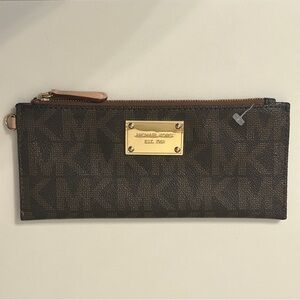 NWOT Michael Kors Brown Logo Wallet Gold light tan Accents card coin pouch
